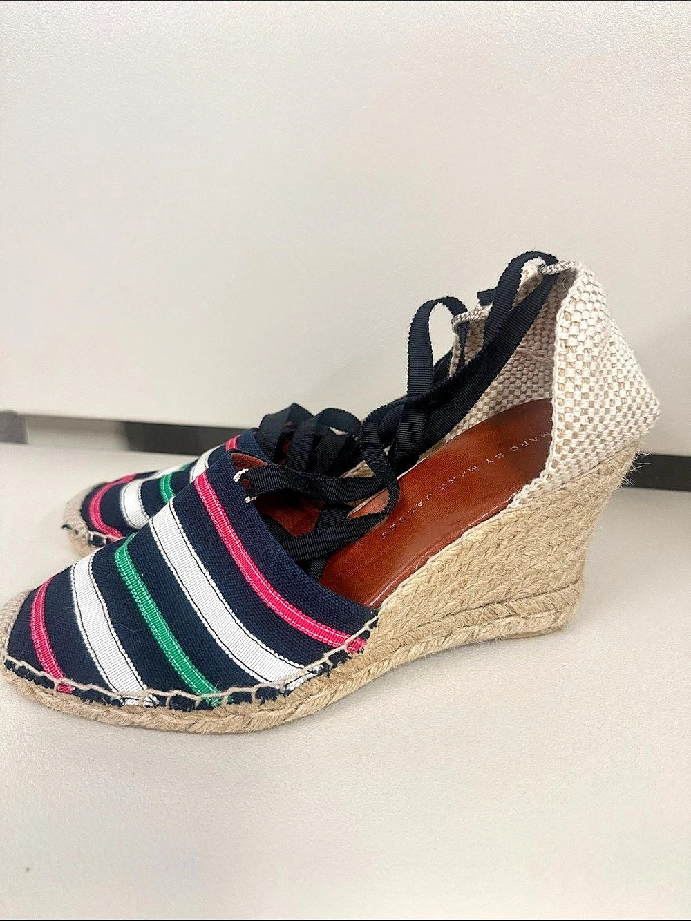 Marc by Marc Jacobs Striped Canvas Ankle-Tie Espadrille Wedge Sandals Striped - Picture 3 of 7